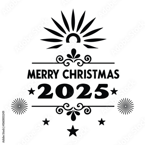 Merry Christmas 2025 – Festive Holiday Typography with Sunburst and Snowflake Elements photo