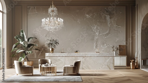 Lavish interior space with crystal chandeliers, elegant beige and gold tones, marble countertops, and stylish furnishings arranged in a sleek, minimalist design