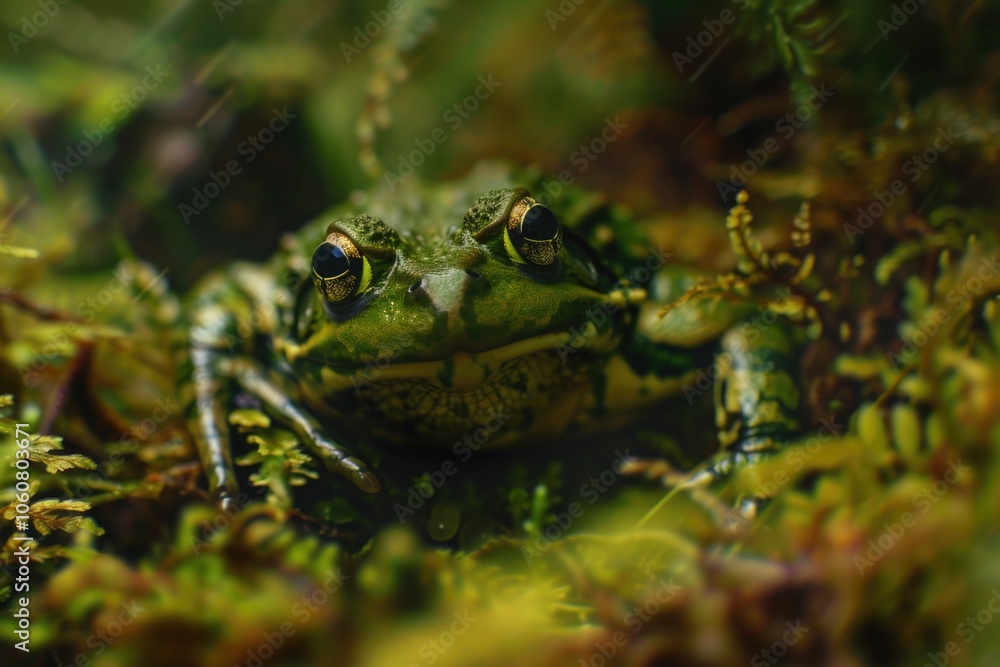 Obraz premium A small green frog sitting on the forest floor, surrounded by lush vegetation