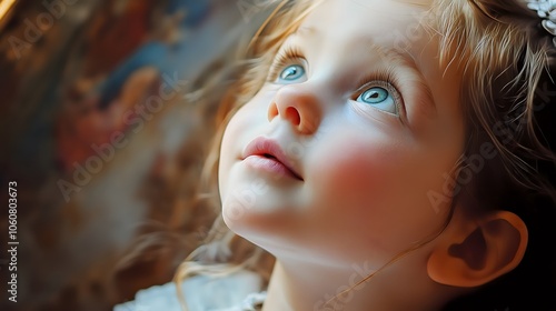  Spiritual Innocence Beautiful Child Faith Hope Christian Prayer Devotion Sacred Divine Blessing - Young Girl with Blue Eyes Looking Heavenward in Pure Devotional Moment photo