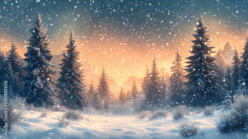 A Serene Winter Forest with Snow-Laden Pine Trees 