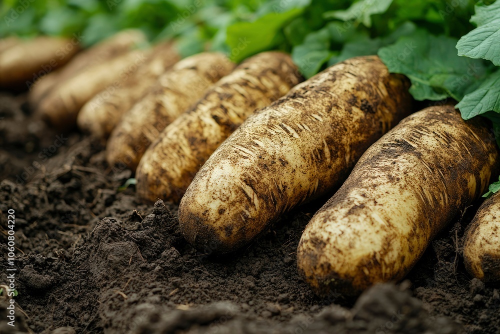 Freshly Harvested Potatoes in Soil with Green Foliage Freshly Harvested Potatoes in Soil with Green Foliage