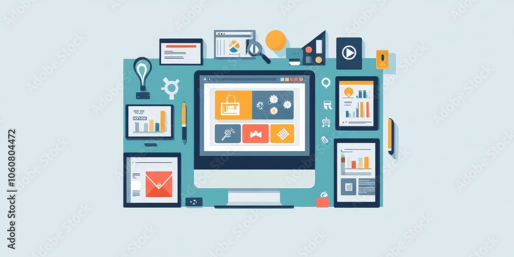 A web design studio showcases their responsive website design on different devices: computer, laptop, phone, and tablet. The presentation features a blue background with design elements. A web design studio showcases their responsive website design on different devices: computer, laptop, phone, and tablet. The presentation features a blue background with design elements.