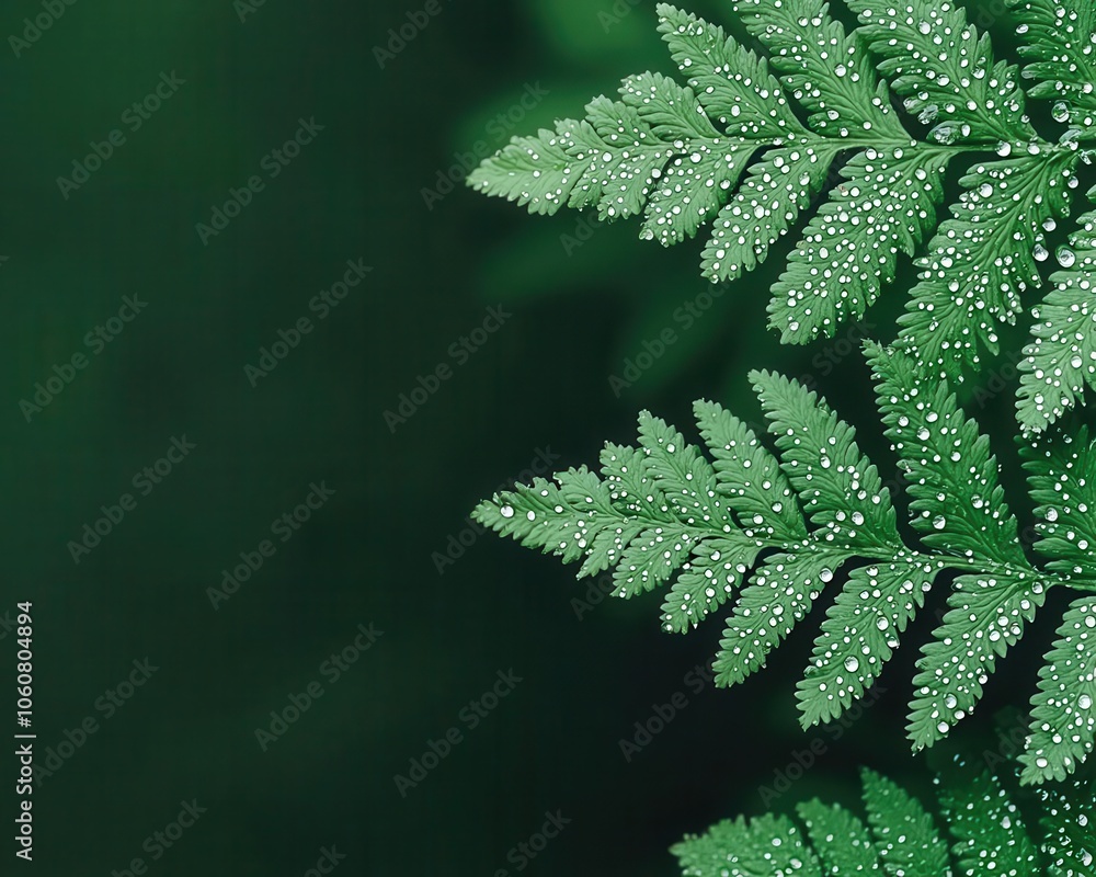Macro shot of rainsoaked fern, each droplet magnifying the textures of green foliage Macro shot of rainsoaked fern, each droplet magnifying the textures of green foliage