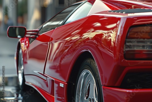 A sleek red sports car parked on the side of a road, perfect for advertising or showcasing in an automotive setting