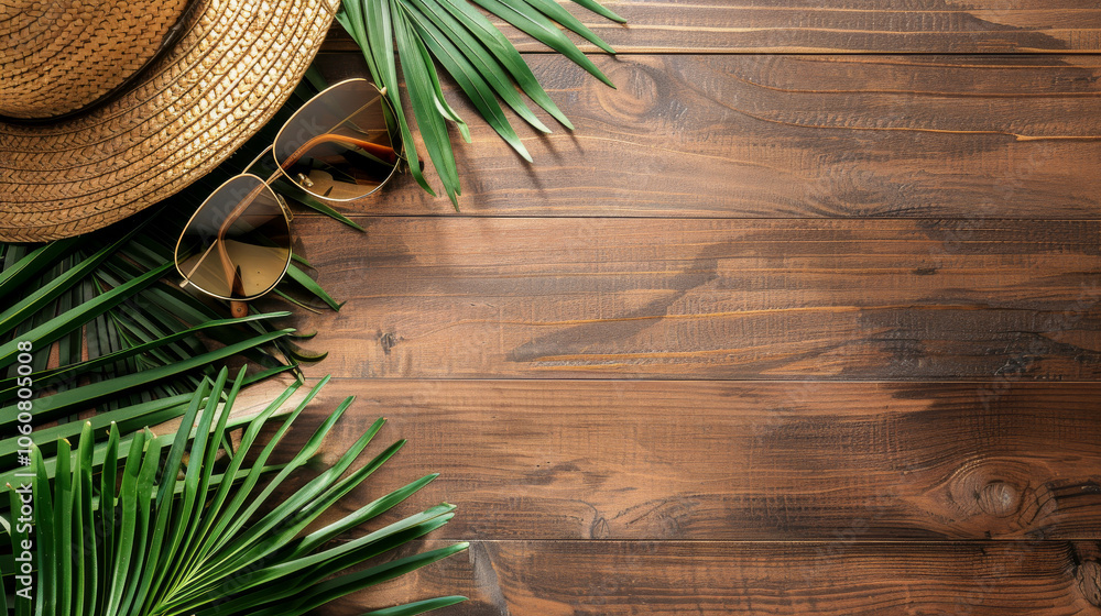 Palm leaves, sunglasses, and a hat on a wooden surface Palm leaves, sunglasses, and a hat on a wooden surface