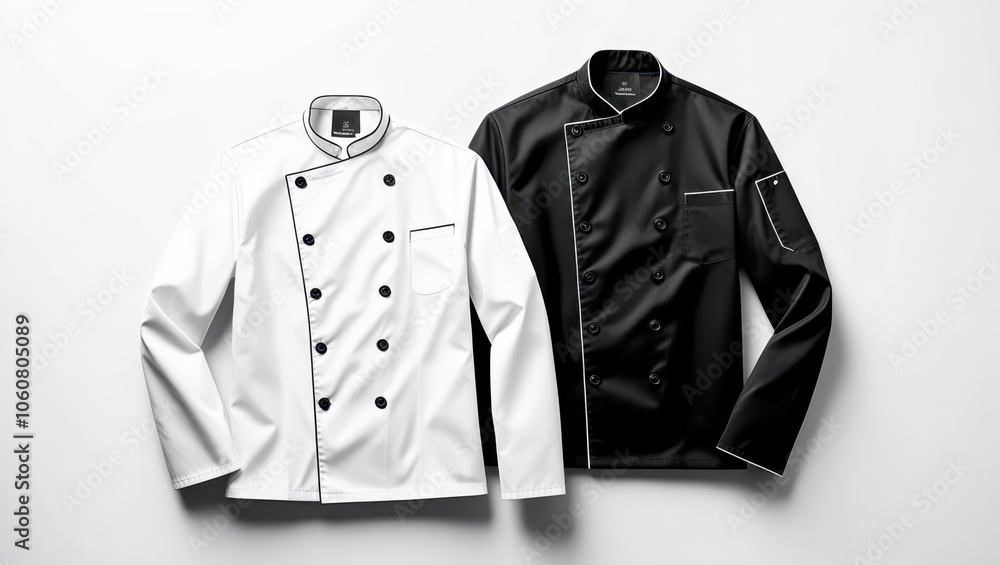 Chef jackets, professional culinary uniforms, black and white contrast, crisp fabric, folded garments, restaurant attire, kitchen workwear, high-end culinary fashion, clean lines, minimal design, hosp Chef jackets, professional culinary uniforms, black and white contrast, crisp fabric, folded garments, restaurant attire, kitchen workwear, high-end culinary fashion, clean lines, minimal design, hosp