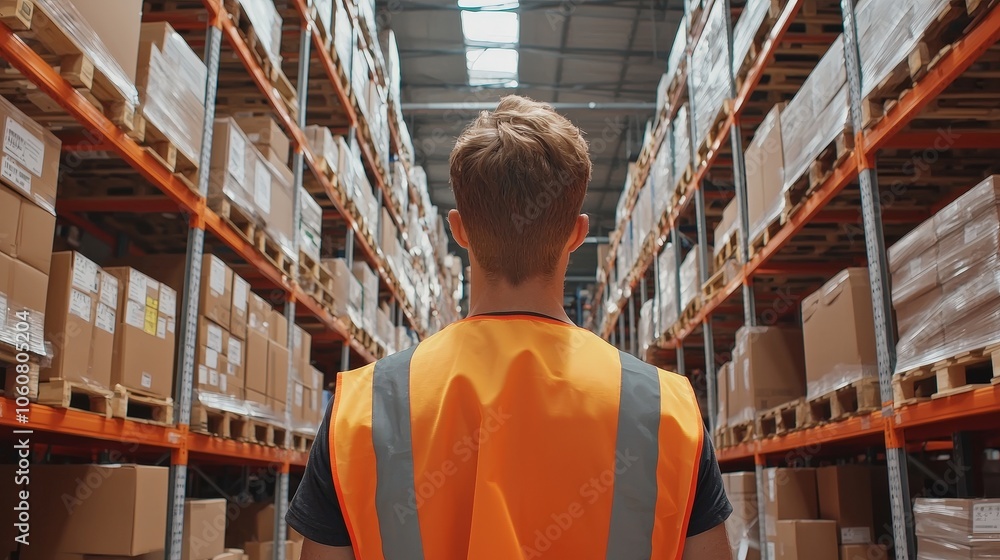 Fototapeta premium Warehouse staff in high-visibility vests organizing products on storage racks