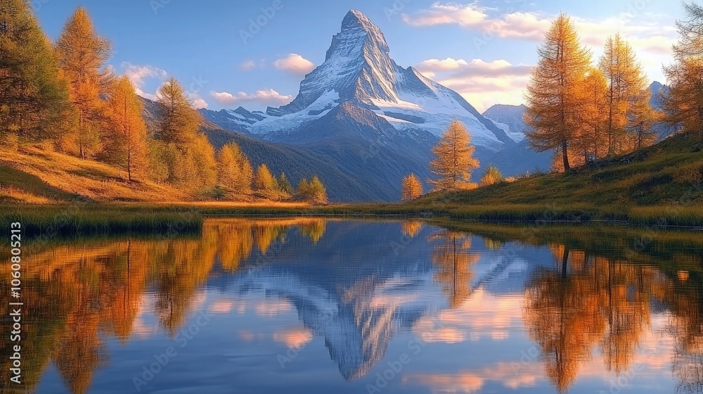 Obraz premium Matterhorn, Switzerland at sunrise with reflection in lake