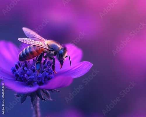 Macro of bee pollinating a wildflower, fine details of pollen and petal textures photo