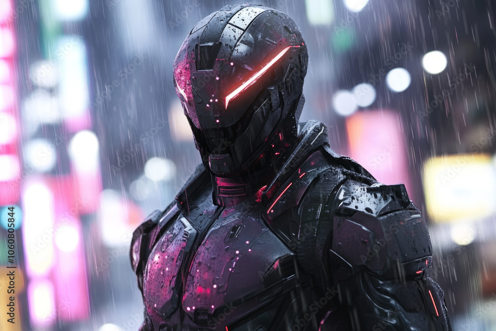 Futuristic soldier wearing helmet and armor standing in rainy city street Futuristic soldier wearing helmet and armor standing in rainy city street