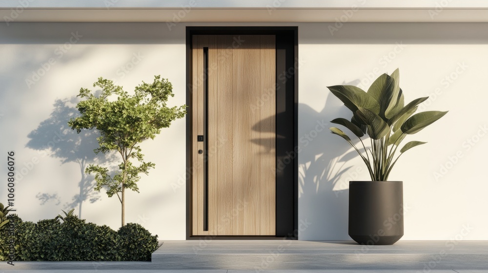 Modern Minimalist Entrance with Lush Greenery and Wooden Door Modern Minimalist Entrance with Lush Greenery and Wooden Door
