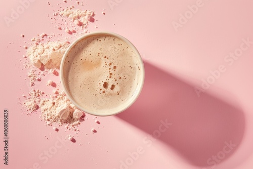 A cup of coffee placed on a bright pink surface photo