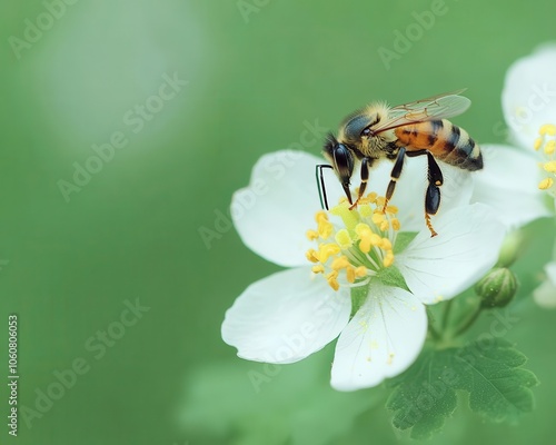 Macro of bee pollinating a wildflower, fine details of pollen and petal textures photo