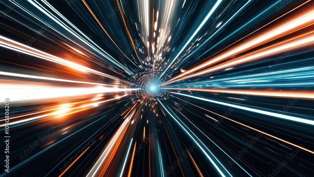 Abstract light trails, hyperspace effect, warp speed, colorful streaks, blue and orange glow, dynamic motion blur, star field, cosmic journey, futuristic, sci-fi concept, time travel, radial blur, lon Abstract light trails, hyperspace effect, warp speed, colorful streaks, blue and orange glow, dynamic motion blur, star field, cosmic journey, futuristic, sci-fi concept, time travel, radial blur, lon