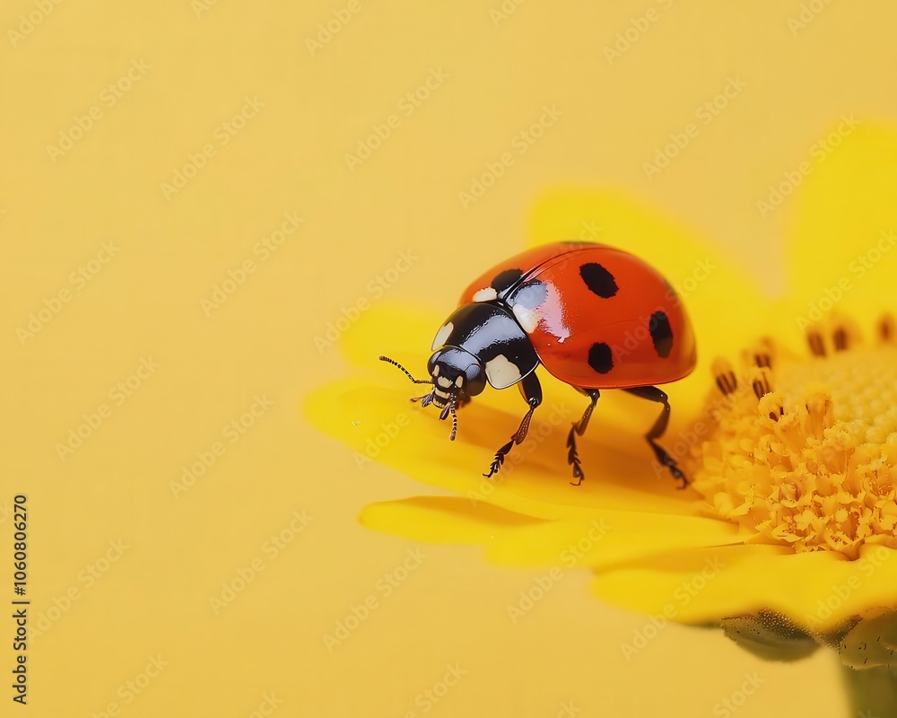 Fototapeta premium Closeup of ladybug on a yellow flower, contrasting colors and fine details