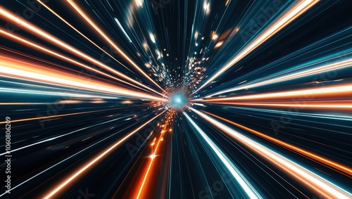 Abstract light trails, hyperspace effect, warp speed, colorful streaks, blue and orange glow, dynamic motion blur, star field, cosmic journey, futuristic, sci-fi concept, time travel, radial blur, lon photo