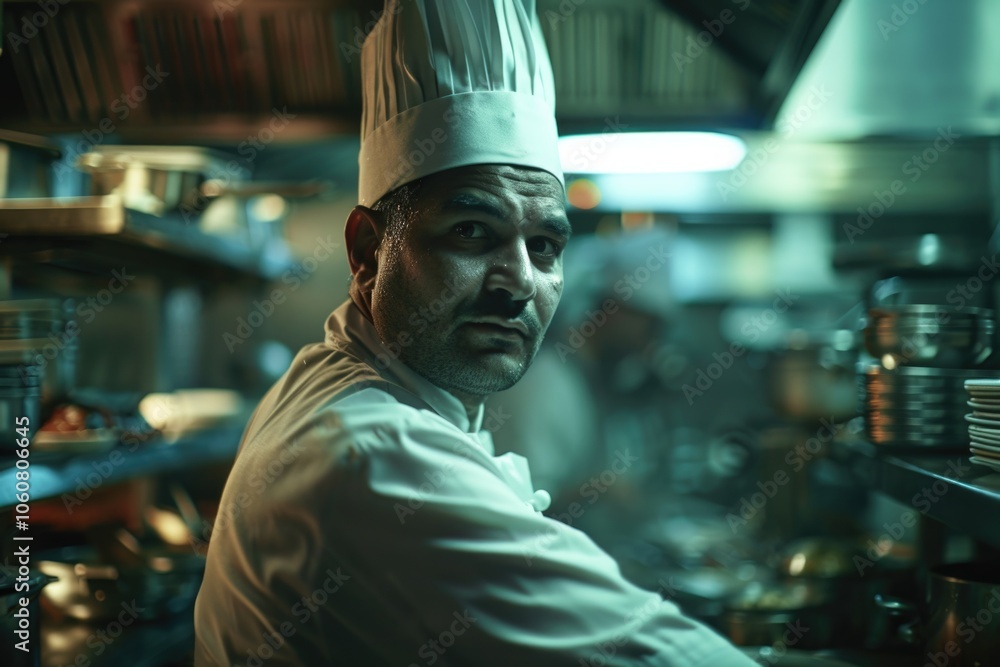 Obraz premium A chef wearing a chef's hat in a kitchen setting