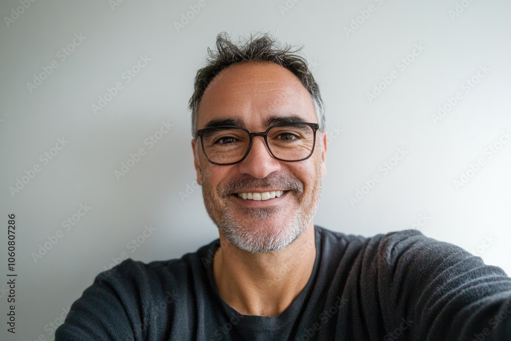 A person with glasses and a beard smiling directly at the camera A person with glasses and a beard smiling directly at the camera