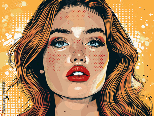 Woman with red hair and blue eyes is the main subject of the image. The woman is wearing a red lipstick and has a smile on her face. The image has a pop art style and is very colorful