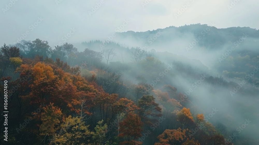 A dense fog covers a mountain landscape with trees in the foreground A dense fog covers a mountain landscape with trees in the foreground
