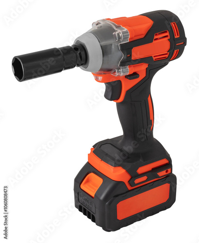 Handheld electric impact wrench with battery. Handy tool for auto mechanic. Isolated object on transparent background