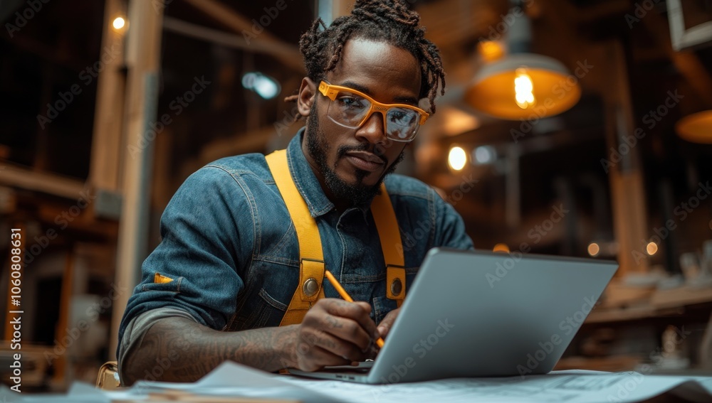 Carpenter working on a laptop in a workshop Carpenter working on a laptop in a workshop