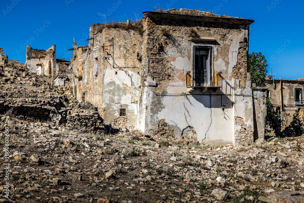 Abandoned ruins of the ghost town of Craco. A city abandoned due to an earthquake in the late 20th century. Province of Matera, Basilicata, Italy