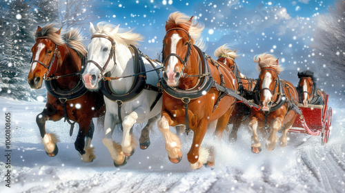 thrilling horse drawn sleigh ride through snowy forest, showcasing powerful horses galloping through winter wonderland. scene captures joy and excitement of season