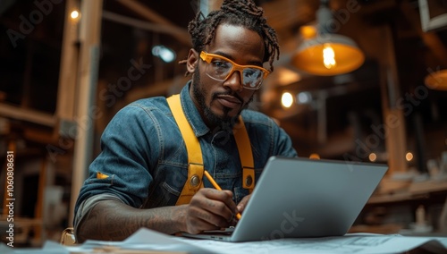 Carpenter working on a laptop in a workshop