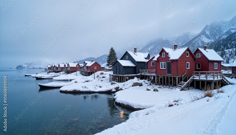 Snowy coastal cabins reflecting in calm waters of a fjord during winter Snowy coastal cabins reflecting in calm waters of a fjord during winter