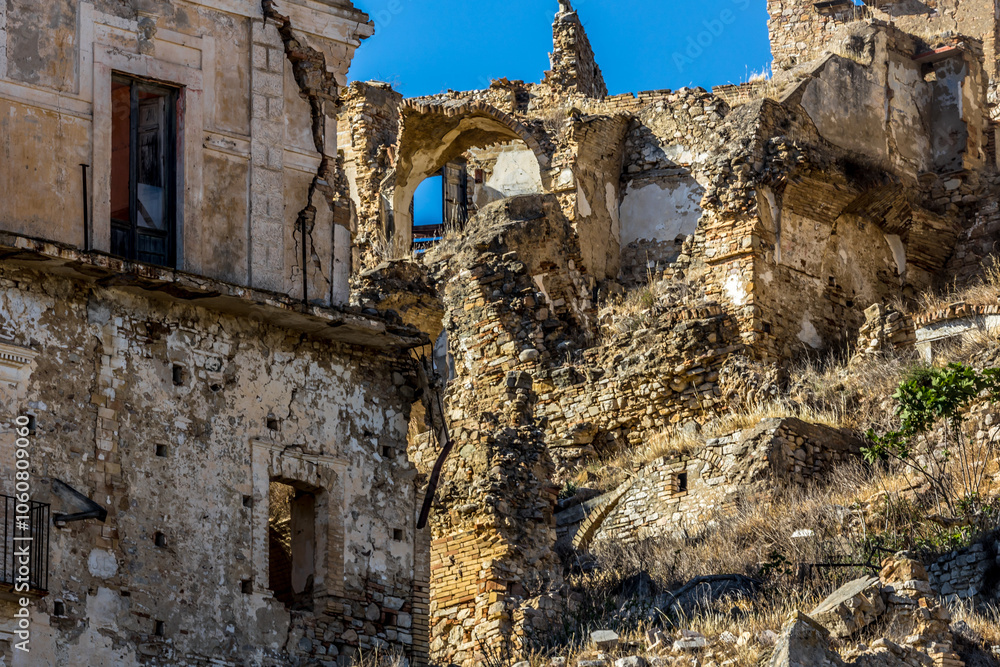 Abandoned ruins of the ghost town of Craco. A city abandoned due to an earthquake in the late 20th century. Province of Matera, Basilicata, Italy