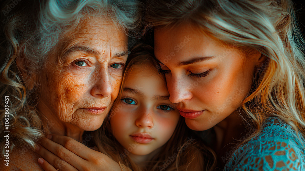 Obraz premium Three Generations of Love: Grandmother, Mother, and Daughter in a Heartfelt Embrace