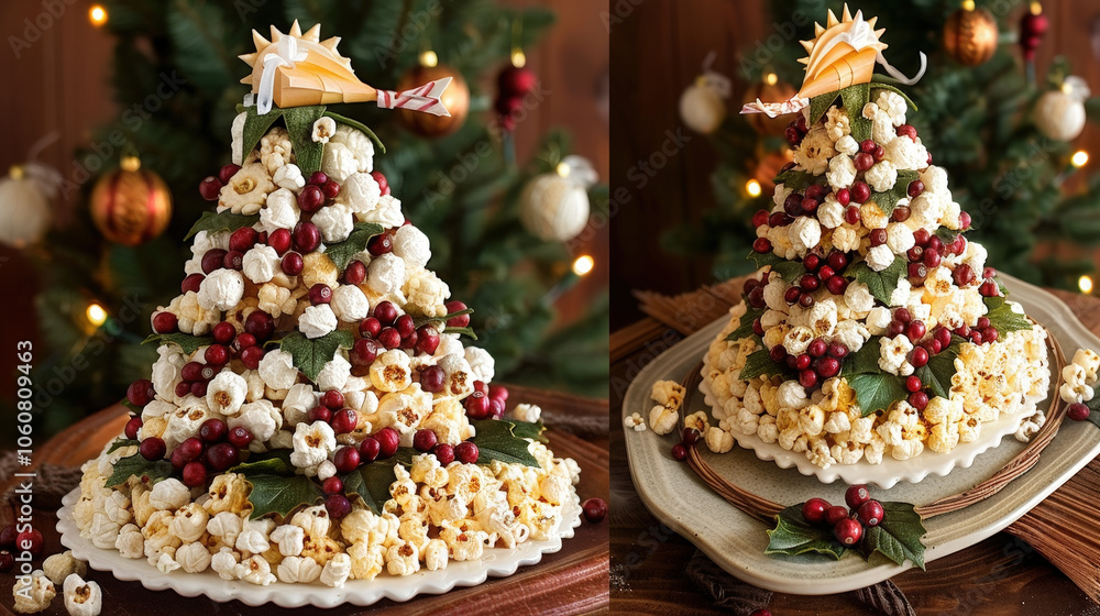 Festive popcorn tree decorated with red berries and green leaves, perfect for holiday celebrations. This delightful centerpiece adds cheerful touch to any gathering Festive popcorn tree decorated with red berries and green leaves, perfect for holiday celebrations. This delightful centerpiece adds cheerful touch to any gathering
