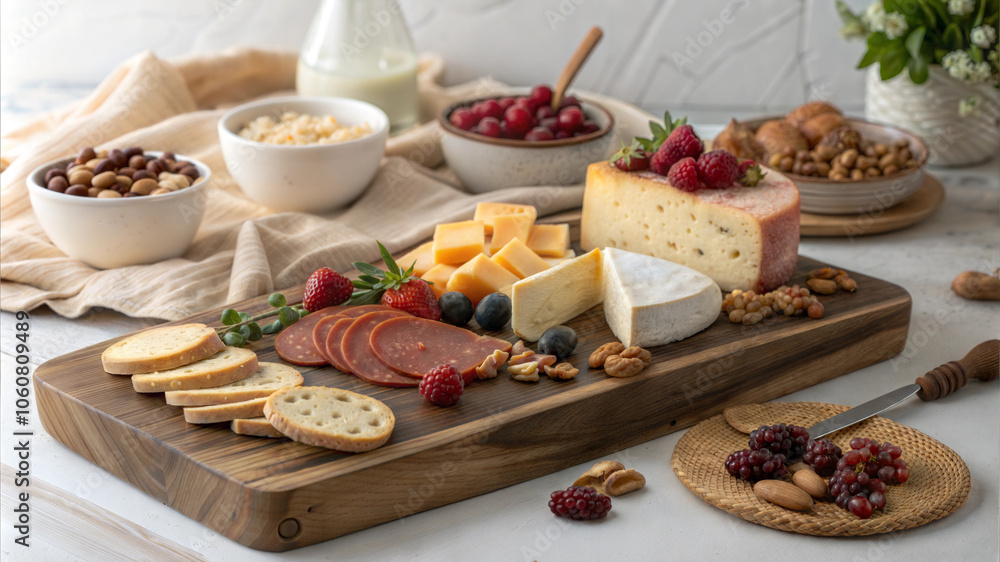 Elegant cheese platter featuring a selection of cheeses, cured meats, fresh fruits, and assorted nuts Elegant cheese platter featuring a selection of cheeses, cured meats, fresh fruits, and assorted nuts