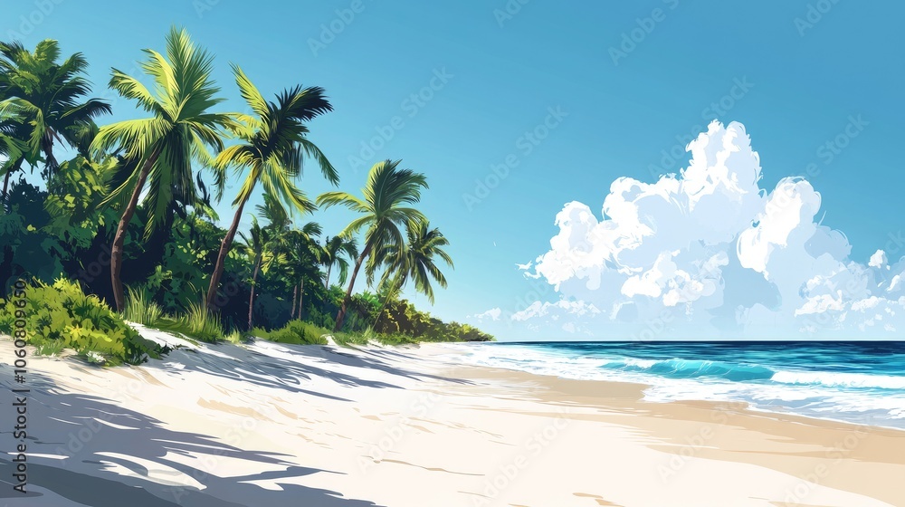 Palm-lined beach with white sand and gentle waves, ideal for travel or tropical vacation banners. Palm-lined beach with white sand and gentle waves, ideal for travel or tropical vacation banners.