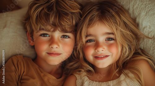 Sweet Sibling Bond: Freckled Kids Relaxing Together Indoors