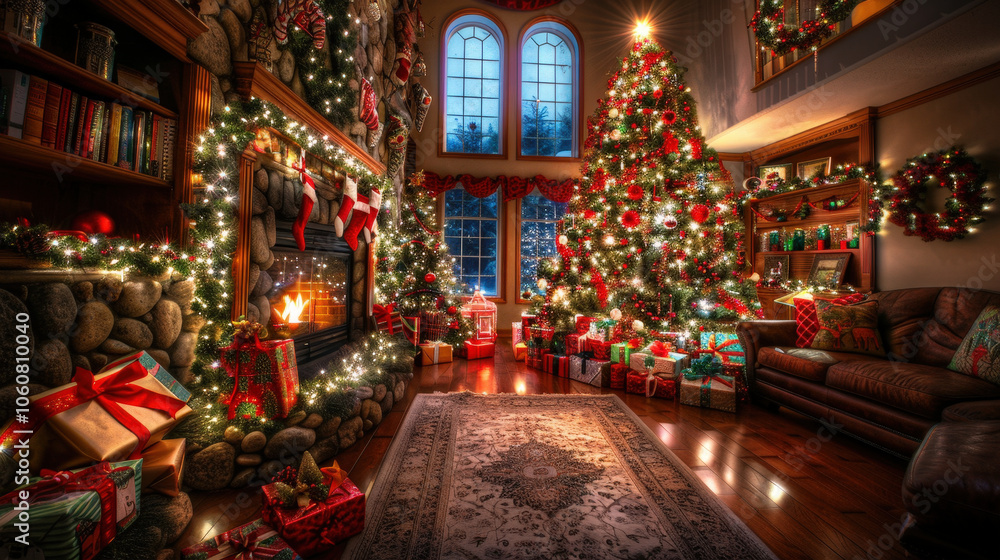 cozy living room decorated for Christmas features beautifully adorned tree surrounded by wrapped presents, warm fireplace, and festive lights, creating joyful atmosphere cozy living room decorated for Christmas features beautifully adorned tree surrounded by wrapped presents, warm fireplace, and festive lights, creating joyful atmosphere