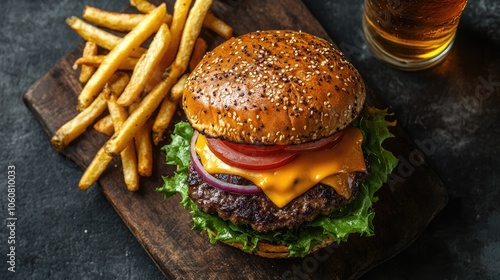 Double smash burger with melted cheese, fresh lettuce, onions, savory dressing, crispy fries, and a cold beer, all presented on a rustic cutting board. Perfect for fast food, gourmet dining, and food 