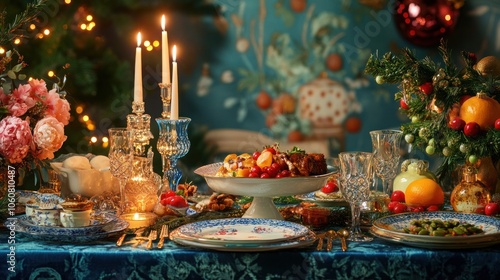 A beautifully decorated Christmas table with a festive dinner setting.