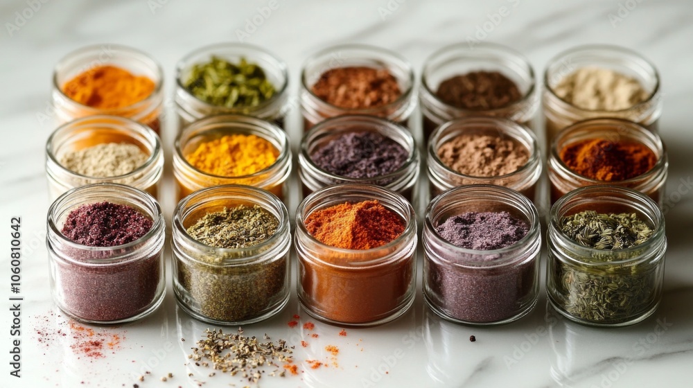 Colorful Spices in Small Glass Jars, Vibrant Seasoning Collection Colorful Spices in Small Glass Jars, Vibrant Seasoning Collection