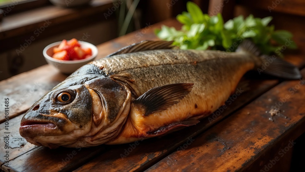 Grilled fish on a wooden board, decorated with fresh herbs, creates a delicious and appetizing dish Grilled fish on a wooden board, decorated with fresh herbs, creates a delicious and appetizing dish
