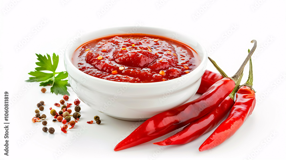Chili Pepper and Sauce: Chili pepper and a bowl of sauce isolated on a white background, suitable for spicy food or cooking content. Chili Pepper and Sauce: Chili pepper and a bowl of sauce isolated on a white background, suitable for spicy food or cooking content.