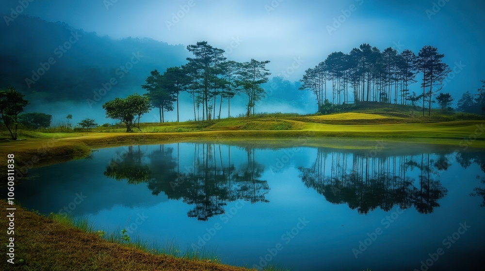 Fototapeta premium Tranquil Reflections: A Serene Landscape Mirrored in the Stillness