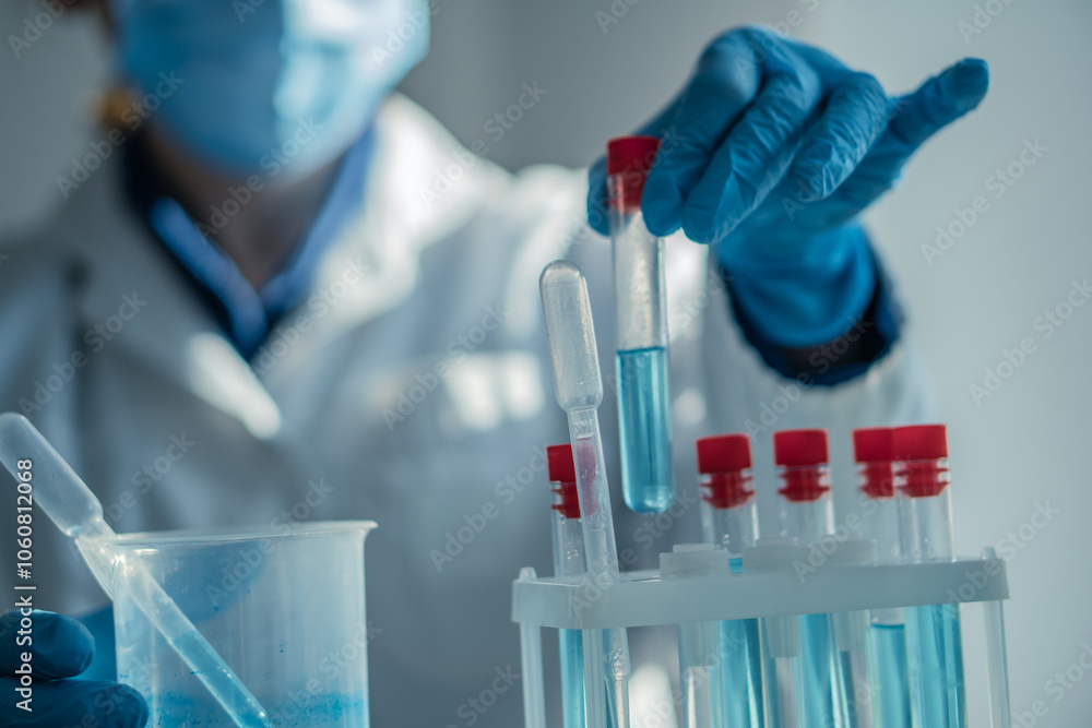 A dedicated scientist is meticulously conducting an experiment using various test tubes in a wellequipped laboratory setting, showcasing the process of scientific inquiry and discovery in action