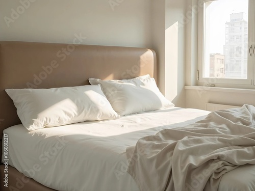 Sunlit Cozy Bedroom Interior with Rumpled White Bedding