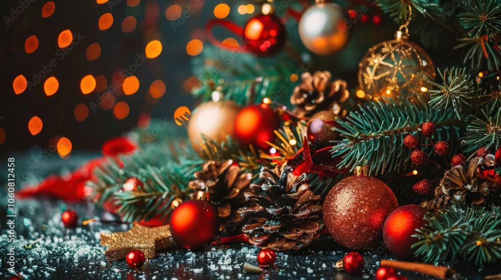 beautifully arranged Christmas scene featuring decorated tree with twinkling lights, ornaments, and pinecones. warm colors and festive elements create joyful holiday atmosphere beautifully arranged Christmas scene featuring decorated tree with twinkling lights, ornaments, and pinecones. warm colors and festive elements create joyful holiday atmosphere