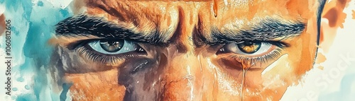 Closeup of sweat dripping from a boxers brow, intense effort, watercolor style photo