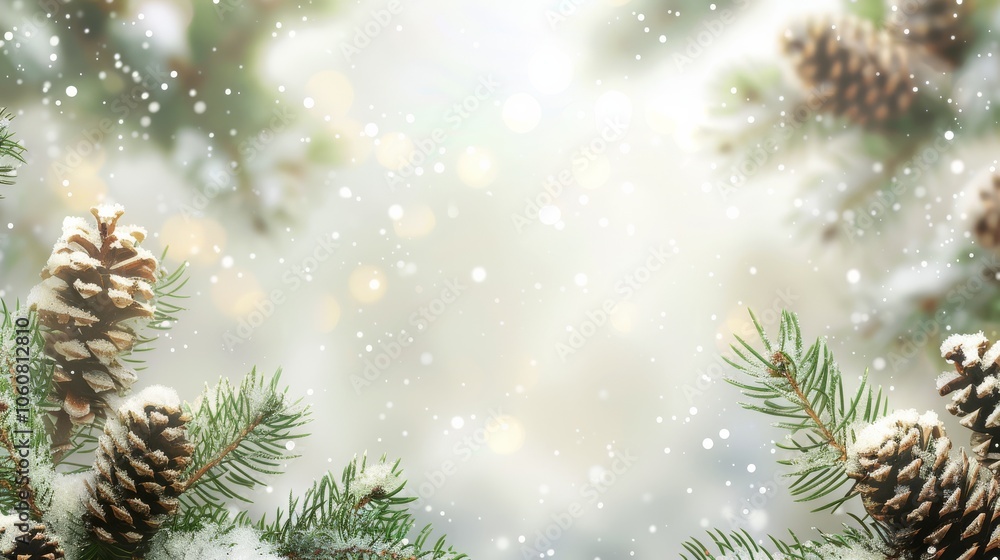 Winter themed background with snowy pine branches and pinecones on a frosty surface. Perfect for holiday, Christmas, and seasonal designs with a natural, snowy forest vibe. Winter themed background with snowy pine branches and pinecones on a frosty surface. Perfect for holiday, Christmas, and seasonal designs with a natural, snowy forest vibe.