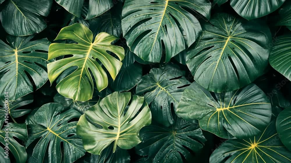 Large, lush leaves of a monstera plant create a vibrant green backdrop Large, lush leaves of a monstera plant create a vibrant green backdrop